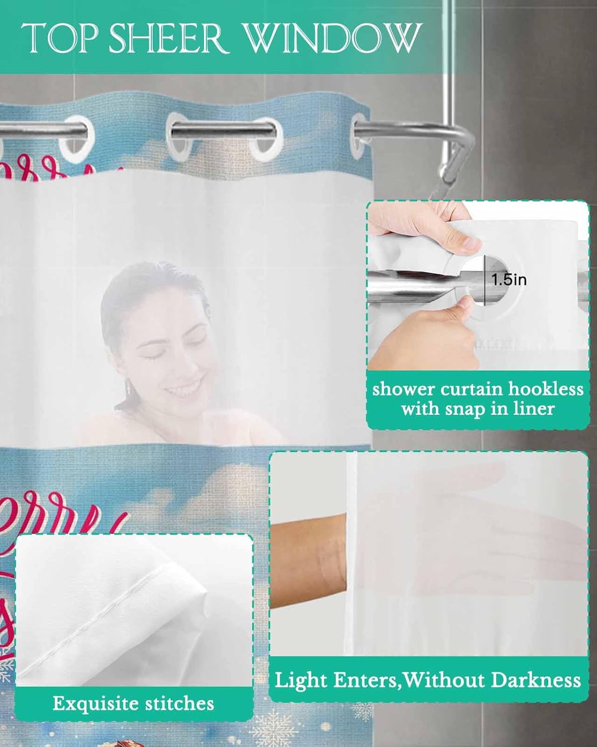 Bath Time Bliss No-hook Waterproof See-Through Shower Curtain