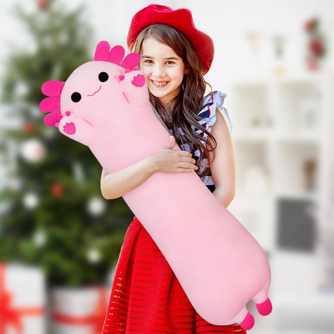Axolotl Plush Toy - Cute Pink Long Plush Pillow for Kids and Adults