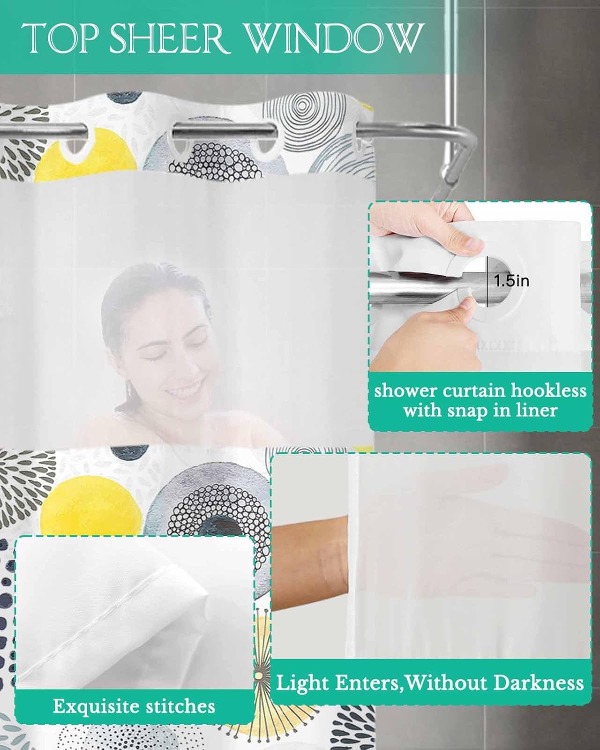 No Hook Waterproof Shower Curtain with Snap-In Liner