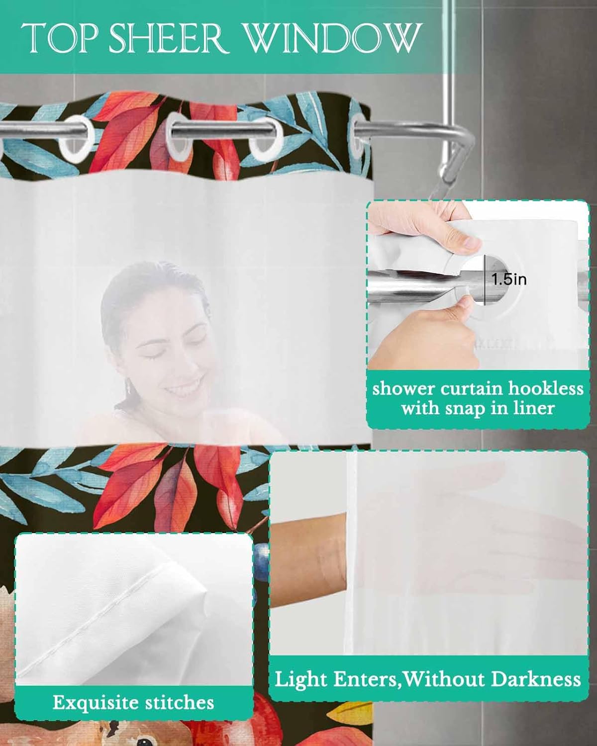 Bath Set No Hook Snap-On Liner 36x78 inches Waterproof Black US