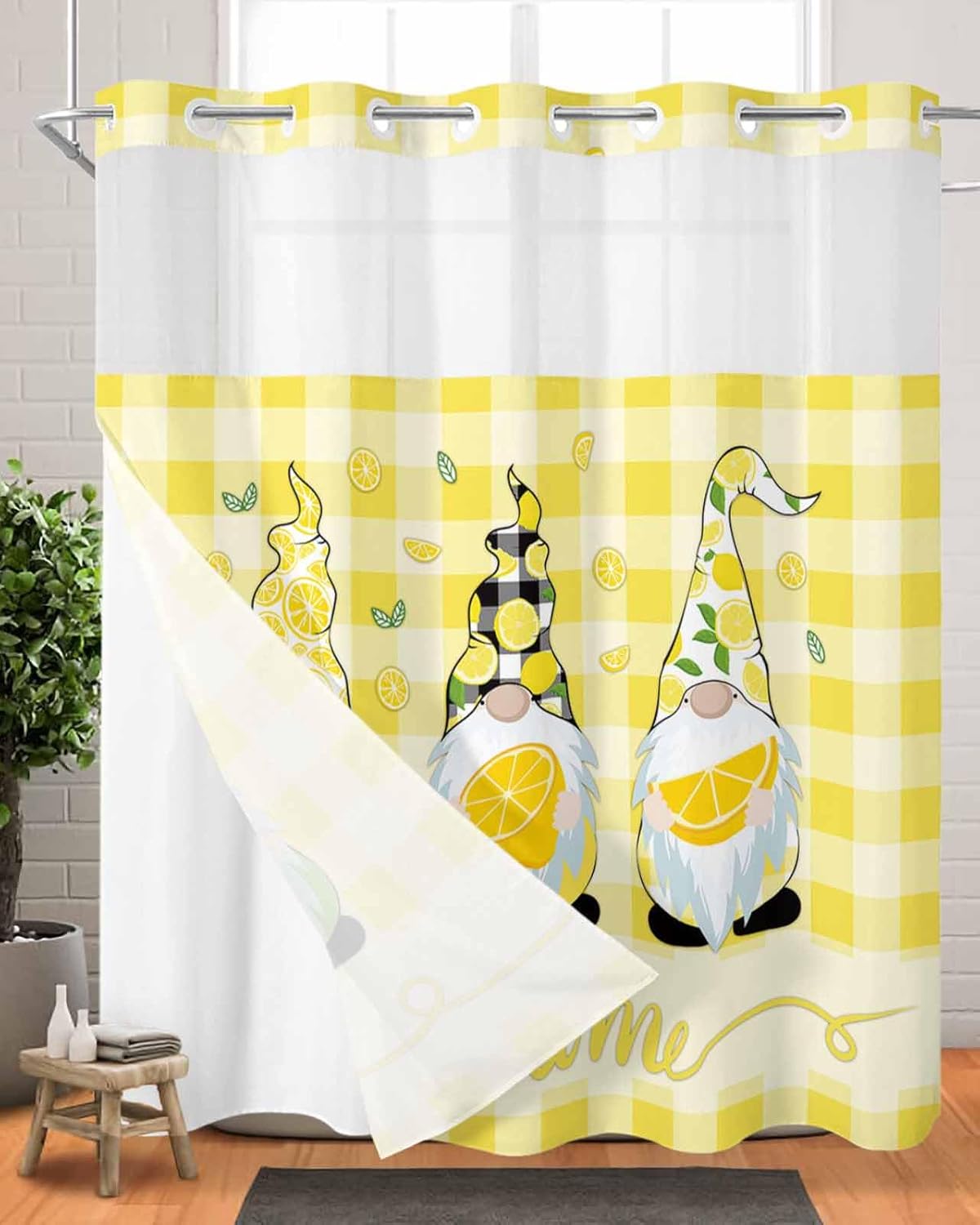 TocaHome No Hook Yellow Buffalo Check Shower Curtain Set