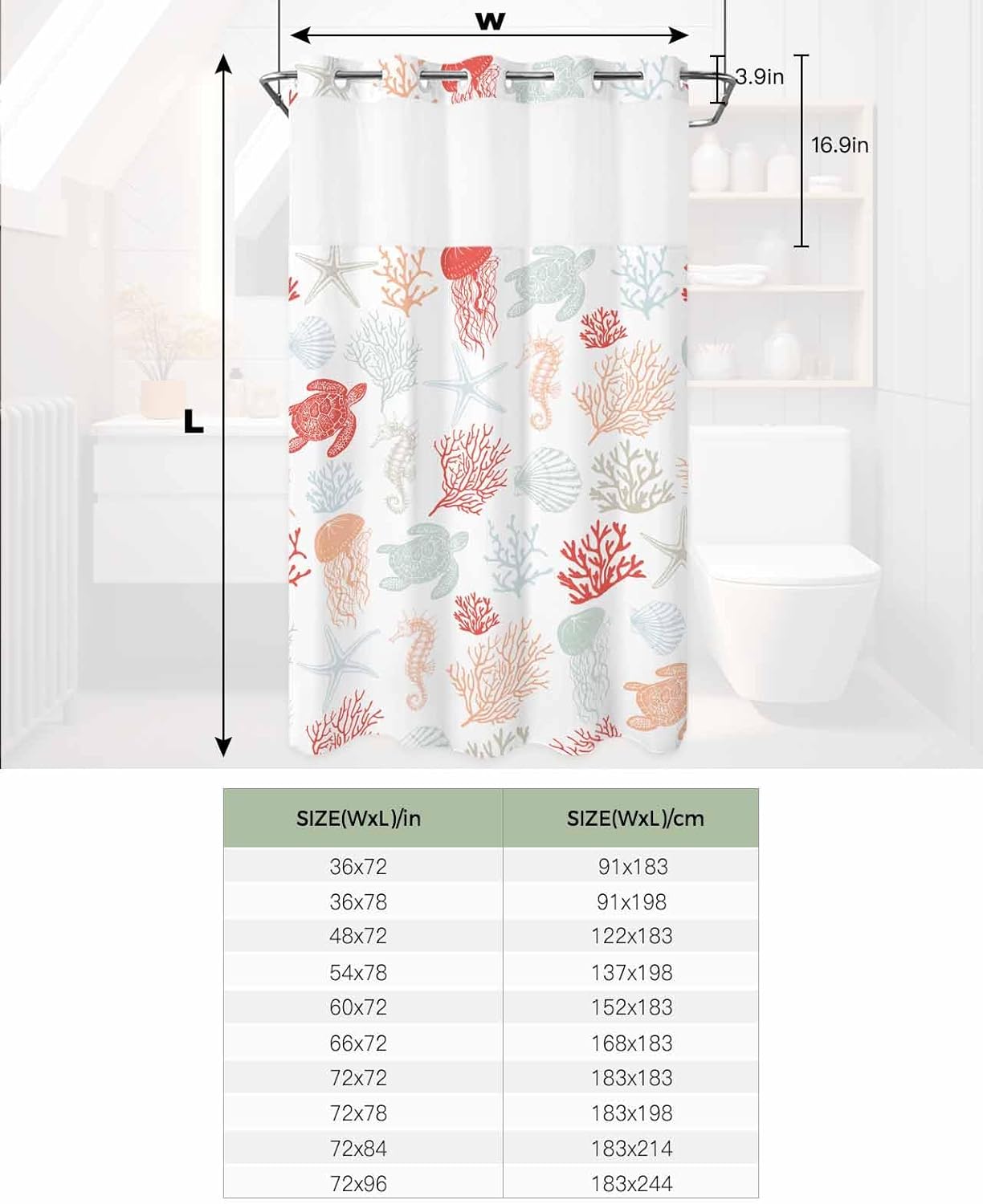 Waterproof Summer Shower Curtain with Snap-On Liner 54x78 inch