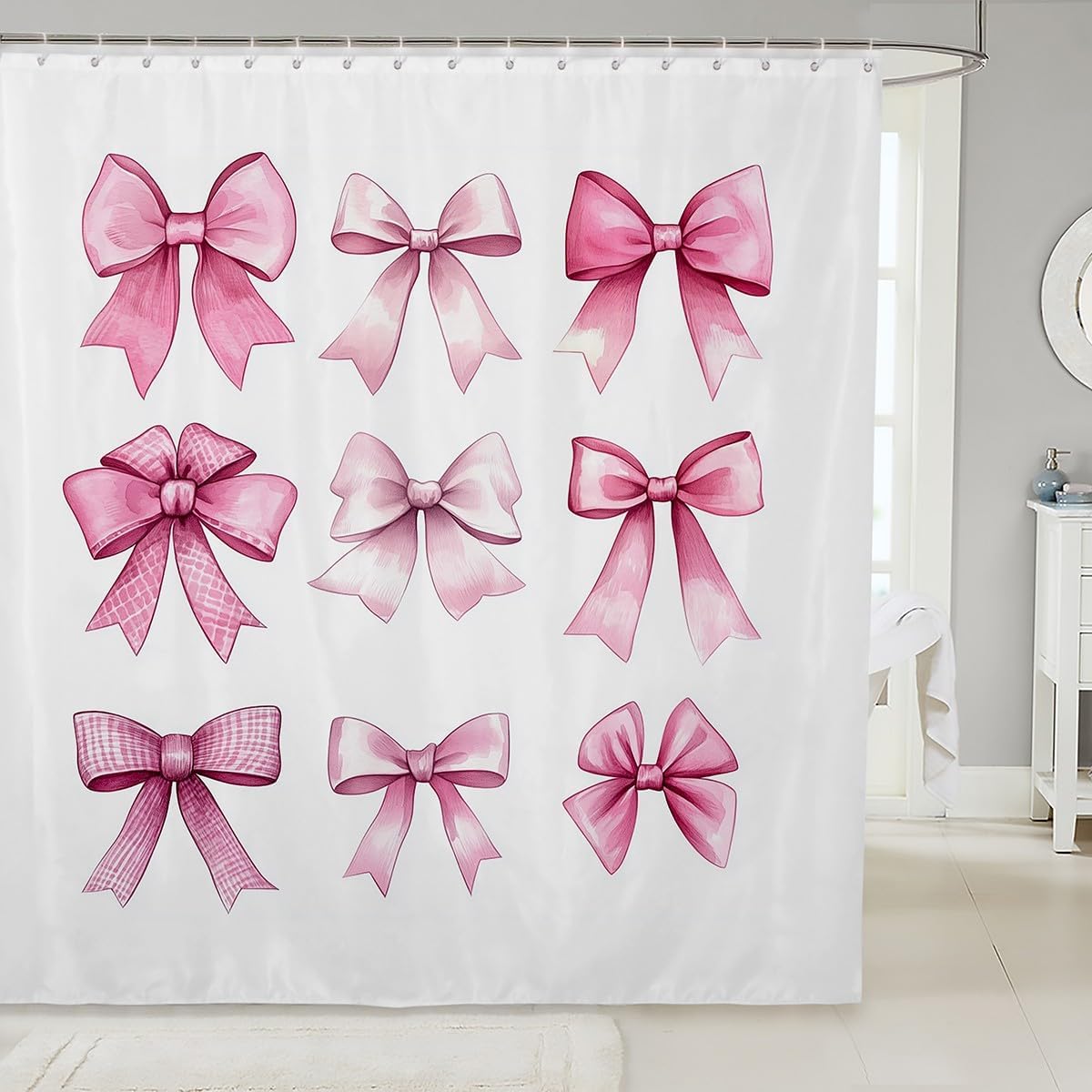 Fun Pink Bowknot Bathroom Shower Curtain Set for Kids