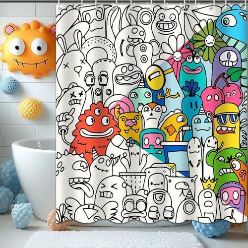 Kids Shower Curtain for Bathroom Fun Abstract Cartoon Red Little Monster 72x72