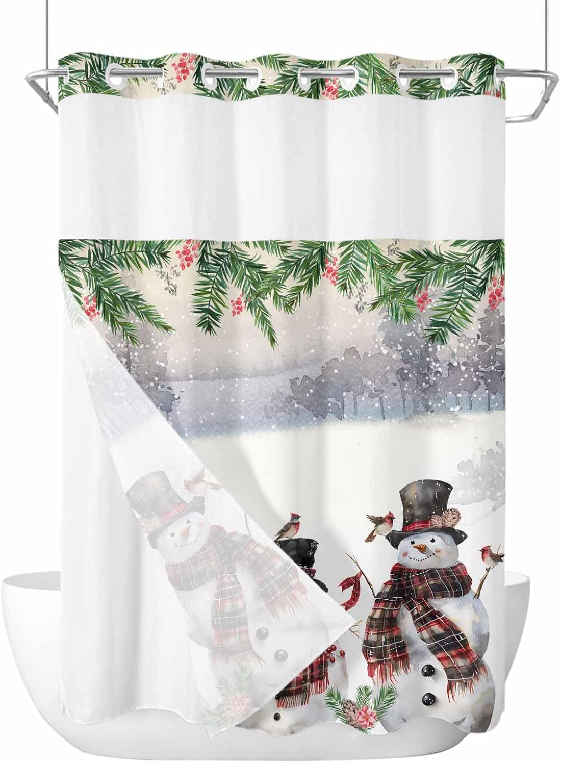 Winter Xmas Berry Birds Snowman Bath Curtain Set
