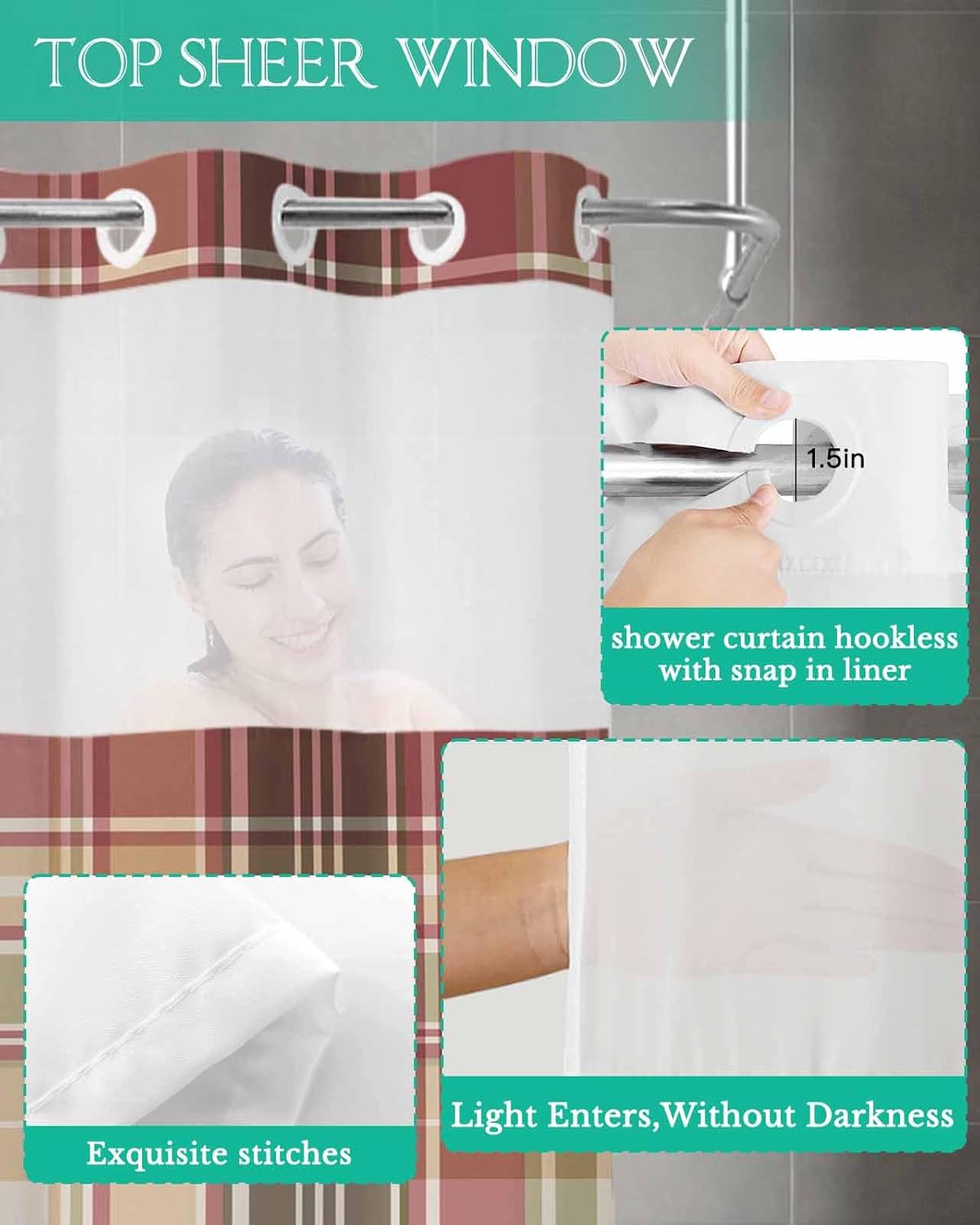 TocaHome Green Red Stripe Shower Curtain Set with Snappable Liner