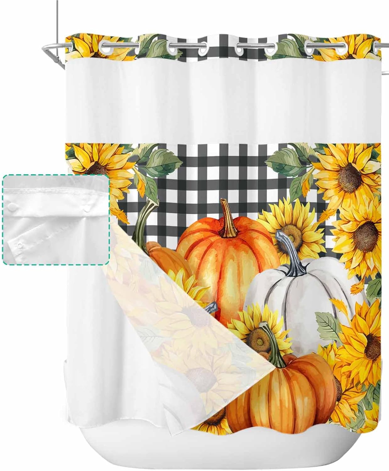 No Hook Cloth Fabric Shower Curtain with Snap-in Liner Set