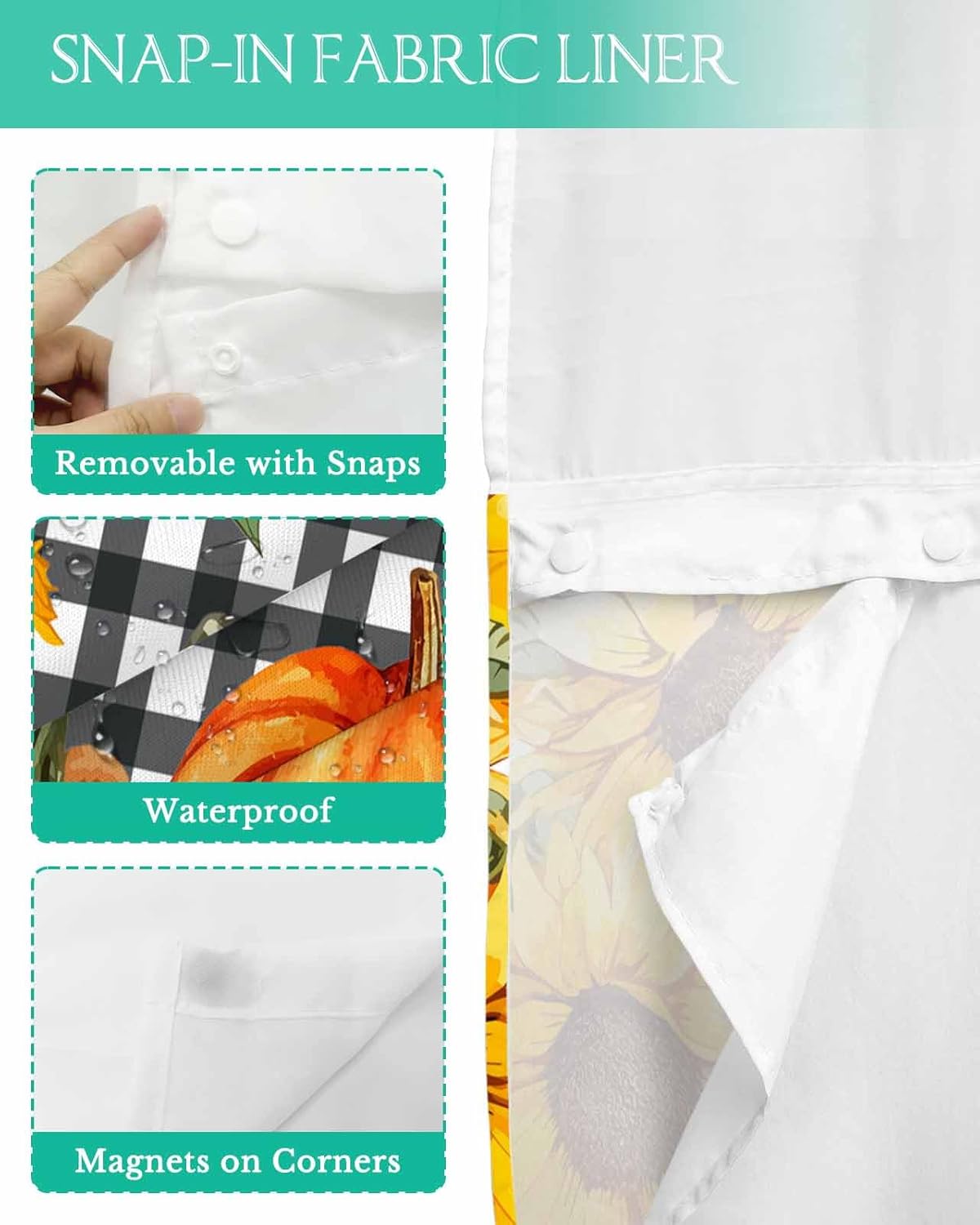 No Hook Cloth Fabric Shower Curtain with Snap-in Liner Set