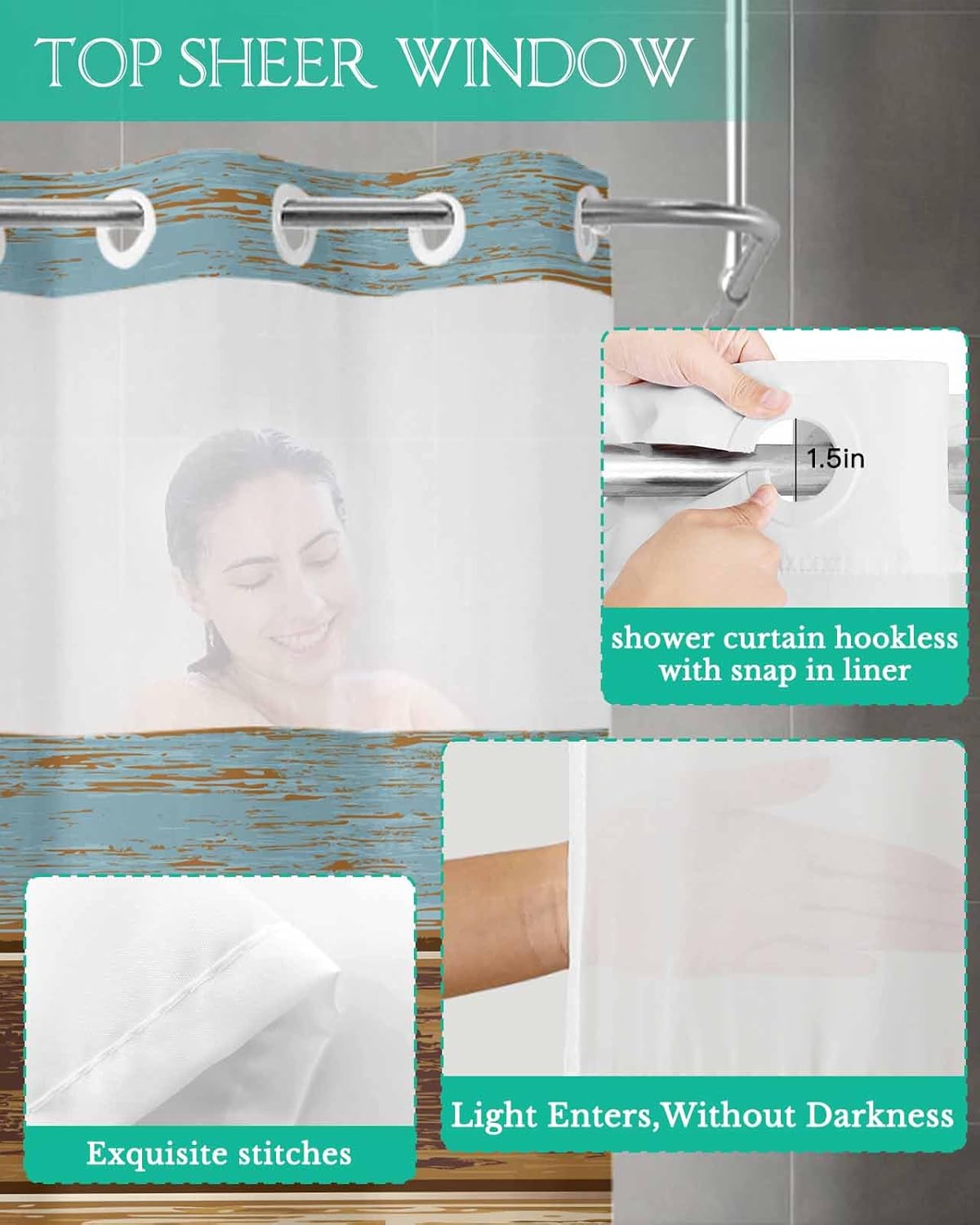 TocaHome No Hook Shower Curtain with Snap Liner 48x72