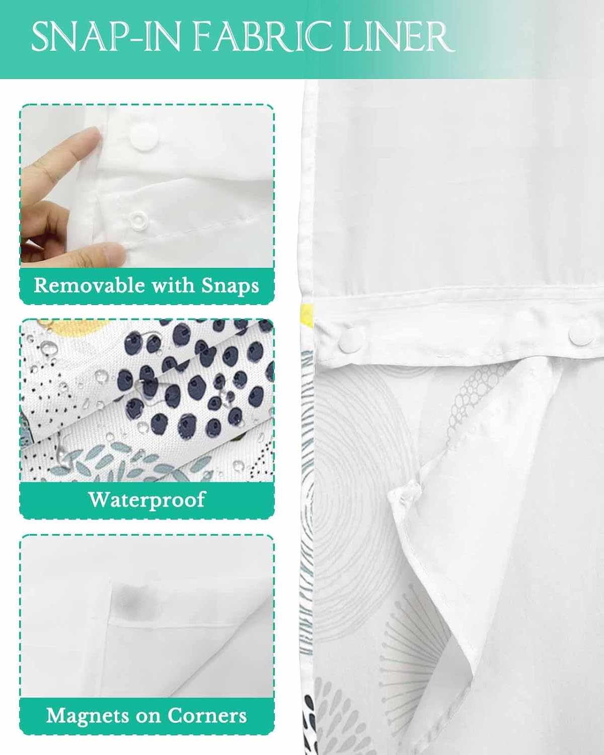 No Hook Waterproof Shower Curtain with Snap-In Liner