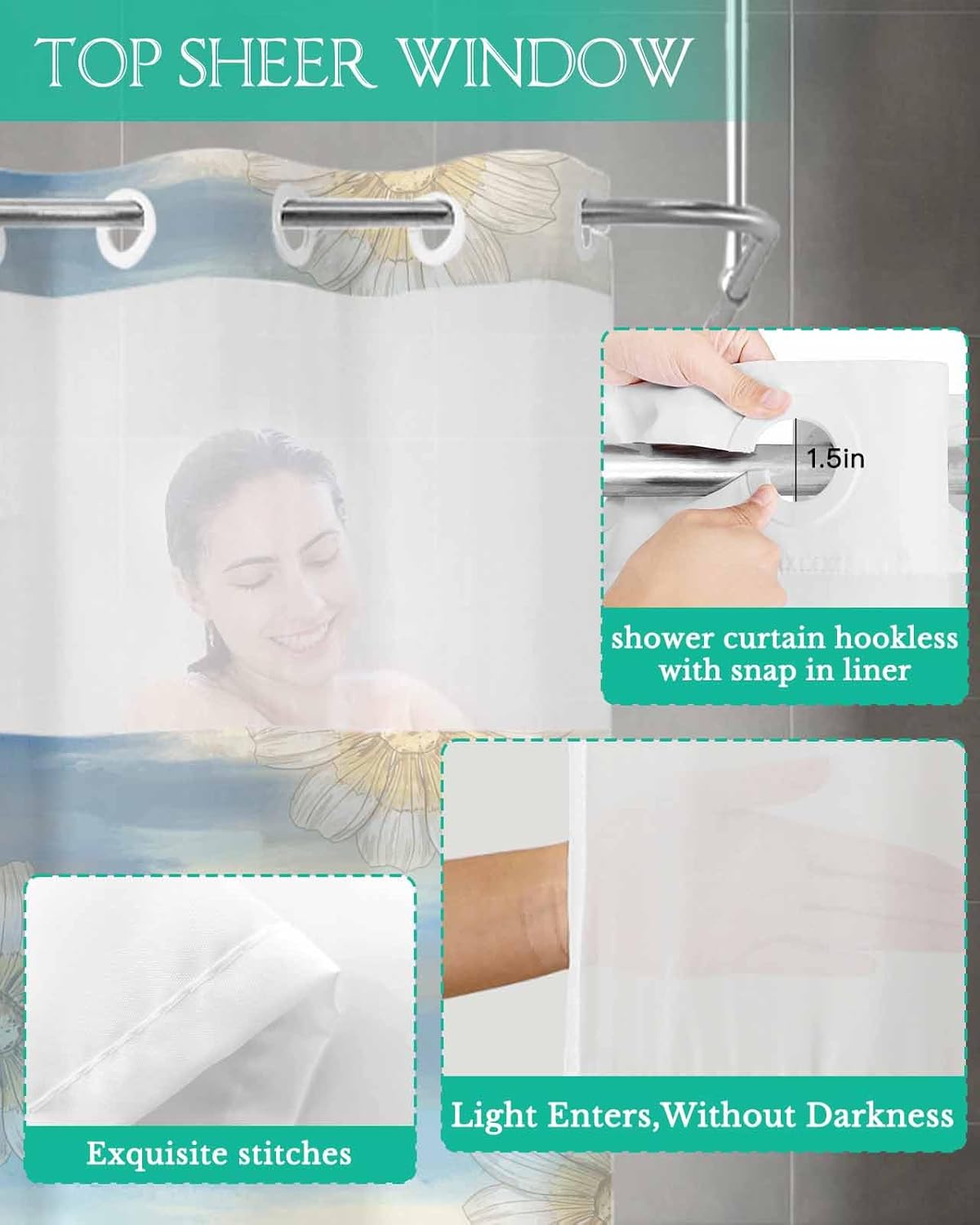 No Hook Shower Curtain Set with See-Through Window