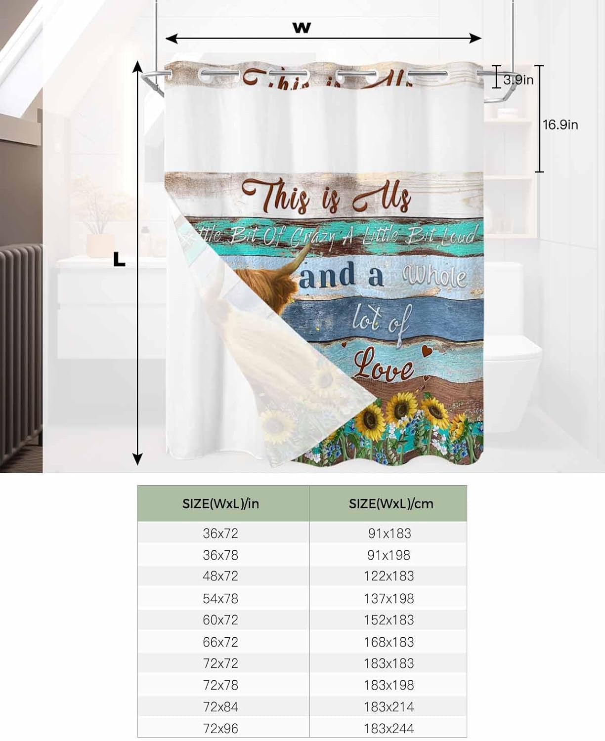 Stylish Farmhouse Shower Curtain Rustic 72x78 Water Resistant No Hook