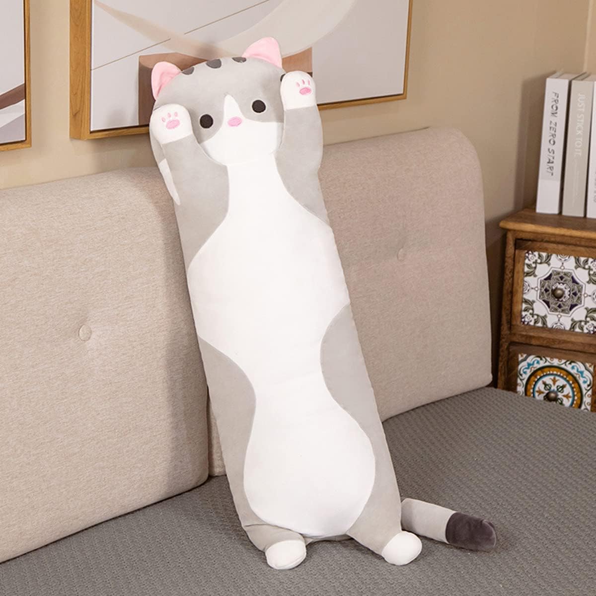 Long Gray Cat Plush Pillow for Sleep Cuddle and Relaxation
