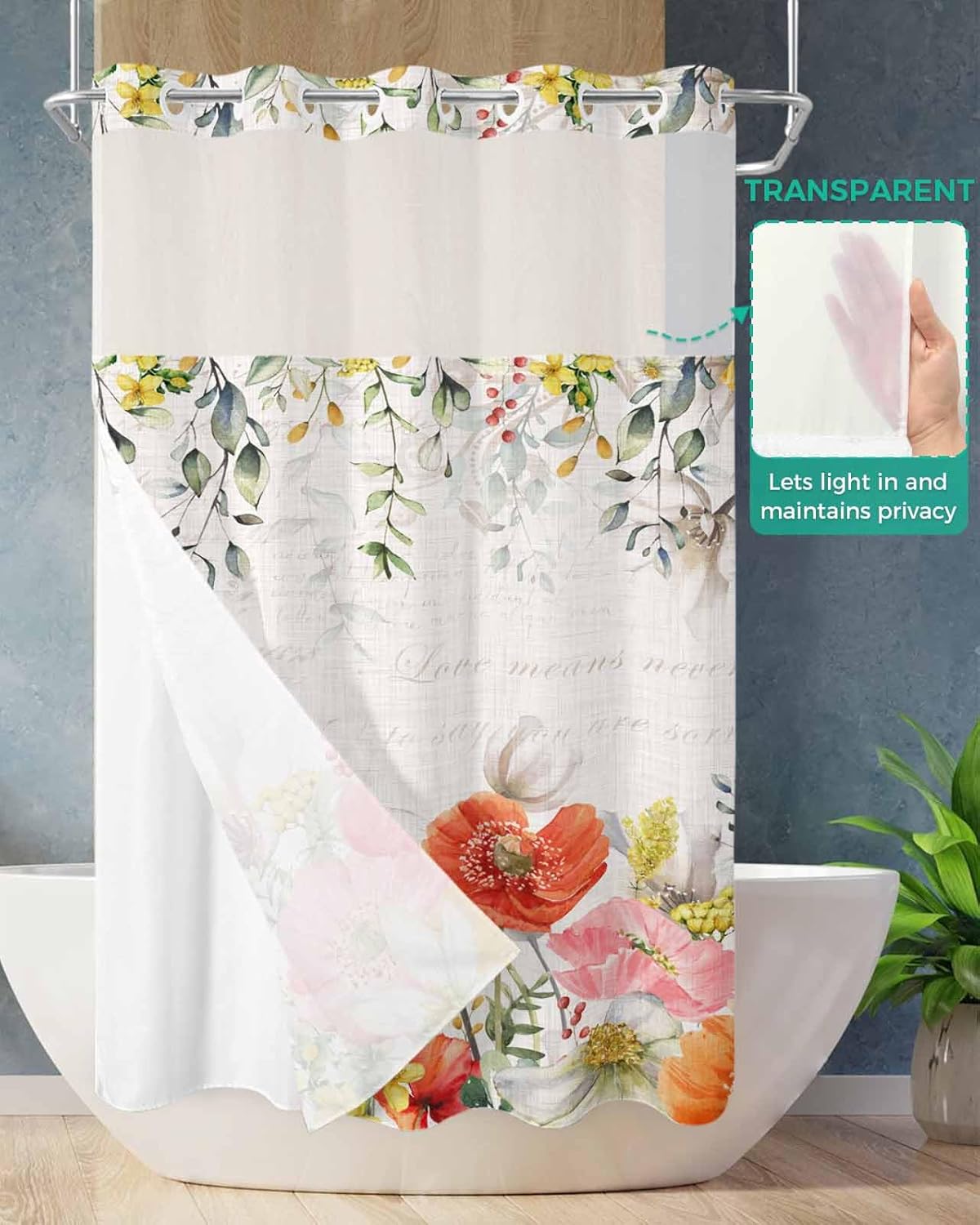 TocaHome No Hook Picks and Peaks See Through Window Waterproof Shower Curtain Set