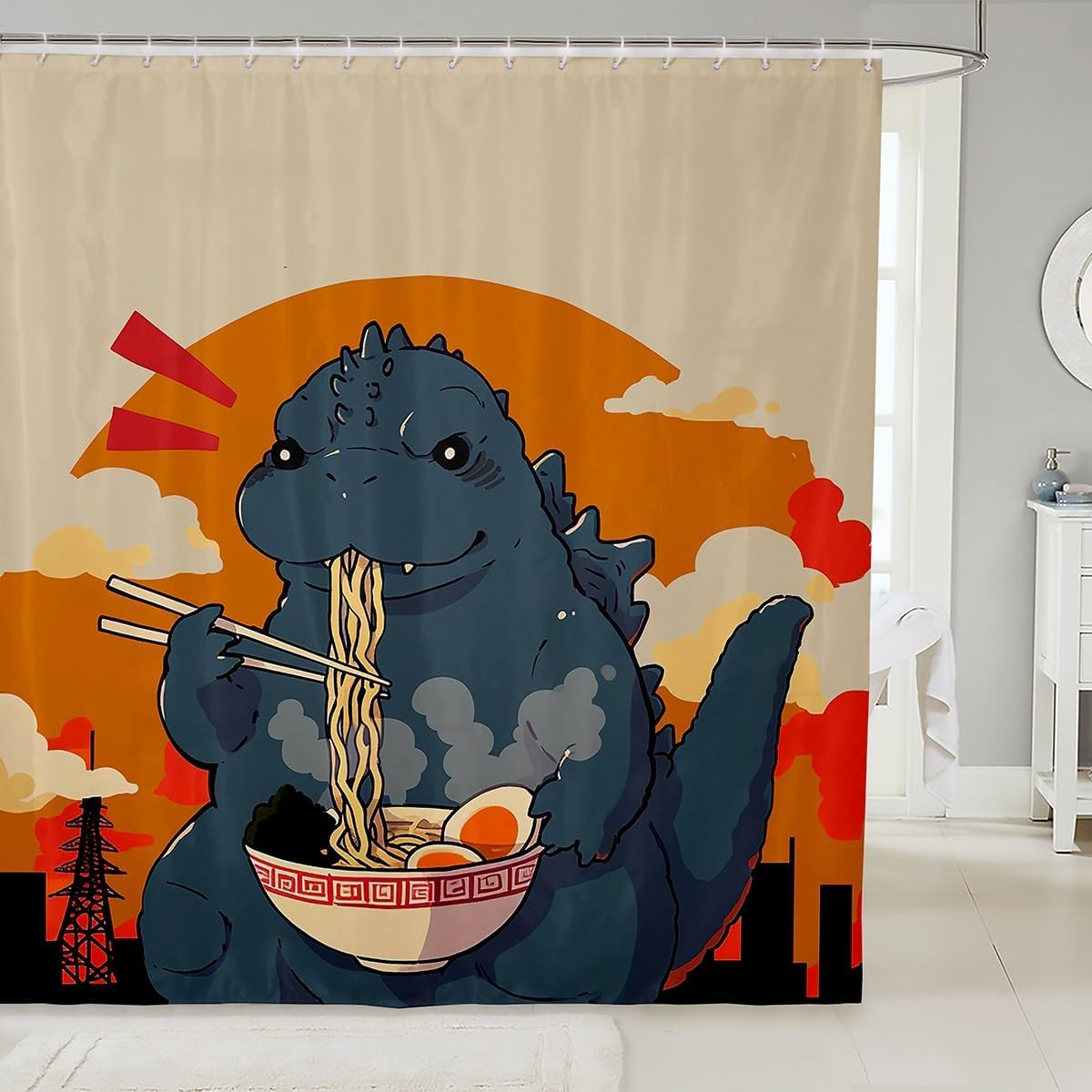 Japanese Style Dinosaur Shower Curtain with 12 Hooks for Kids