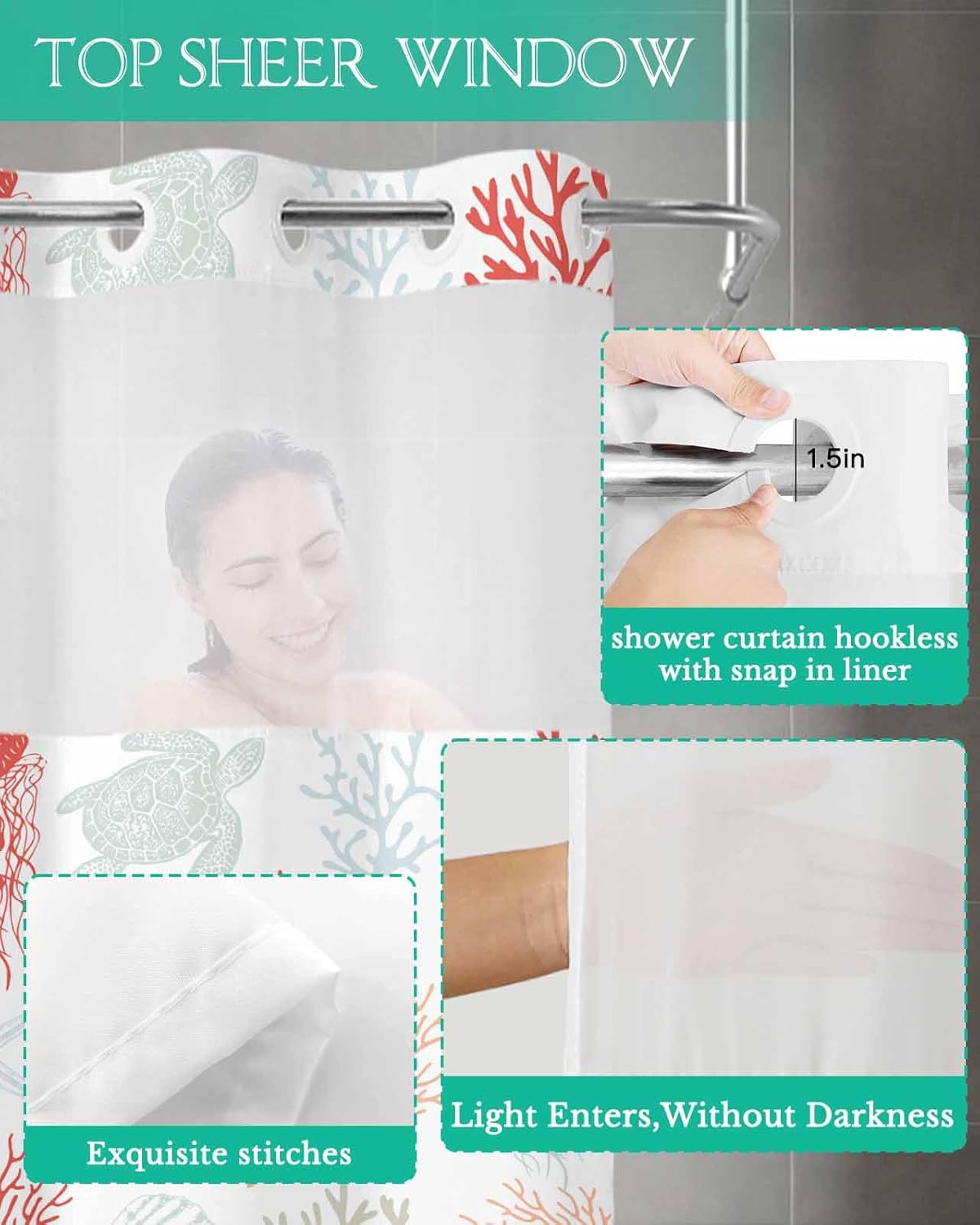 Waterproof Summer Shower Curtain with Snap-On Liner 54x78 inch