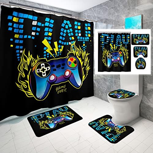 Game-Themed 4-Piece Gaming Shower Curtain Set for Kids