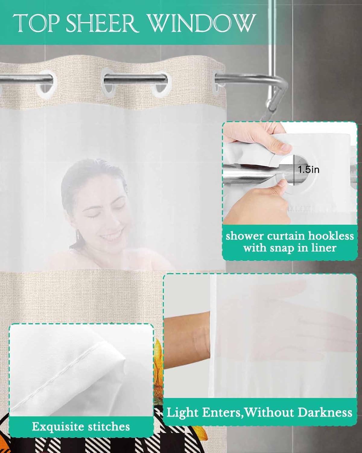 Fall Orange Pumpkin Shower Curtain Set No Hook Design Soft Durable