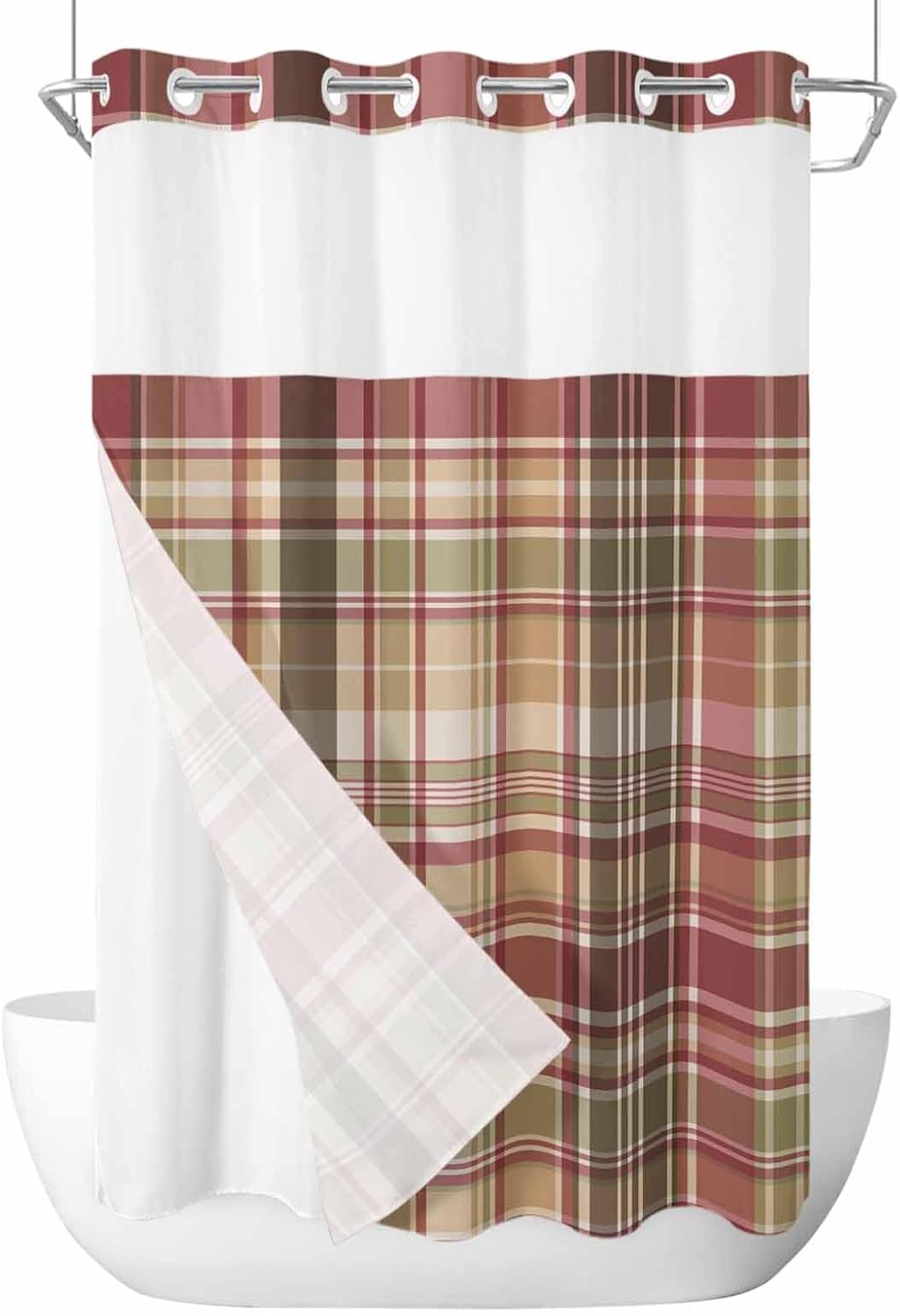 TocaHome Green Red Stripe Shower Curtain Set with Snappable Liner