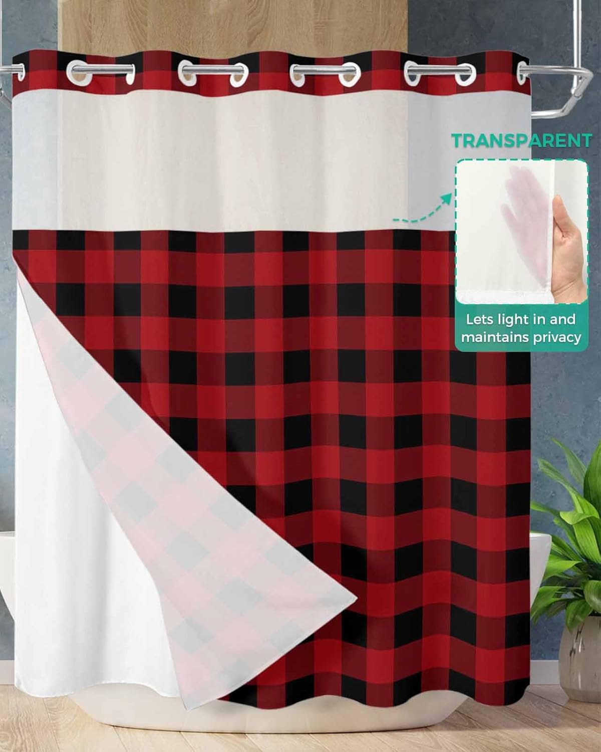 Luxurious Buffalo Plaid Bath Shower Curtain Waterproof 72x72 with Window Transparency