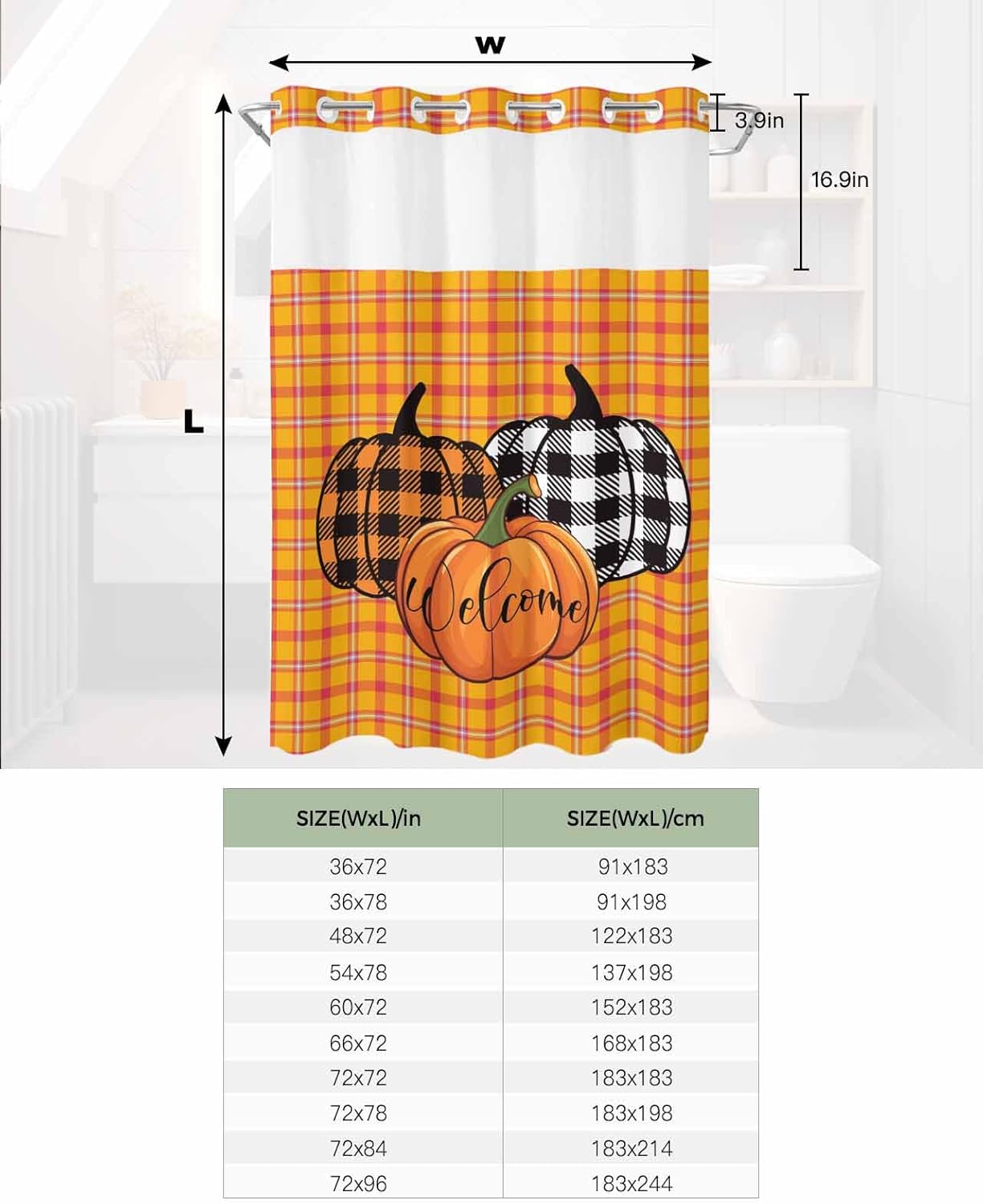 fall pumpkin no hook bath shower curtain set - soft 48x72 botanical design