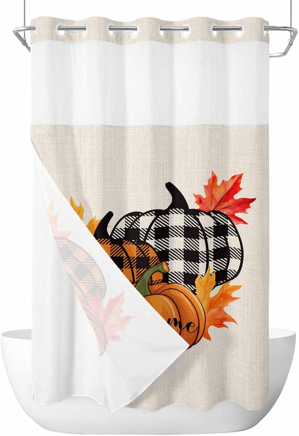 No Hook Fall Autumn Shower Curtains with Pumpkins and Maple Leaves