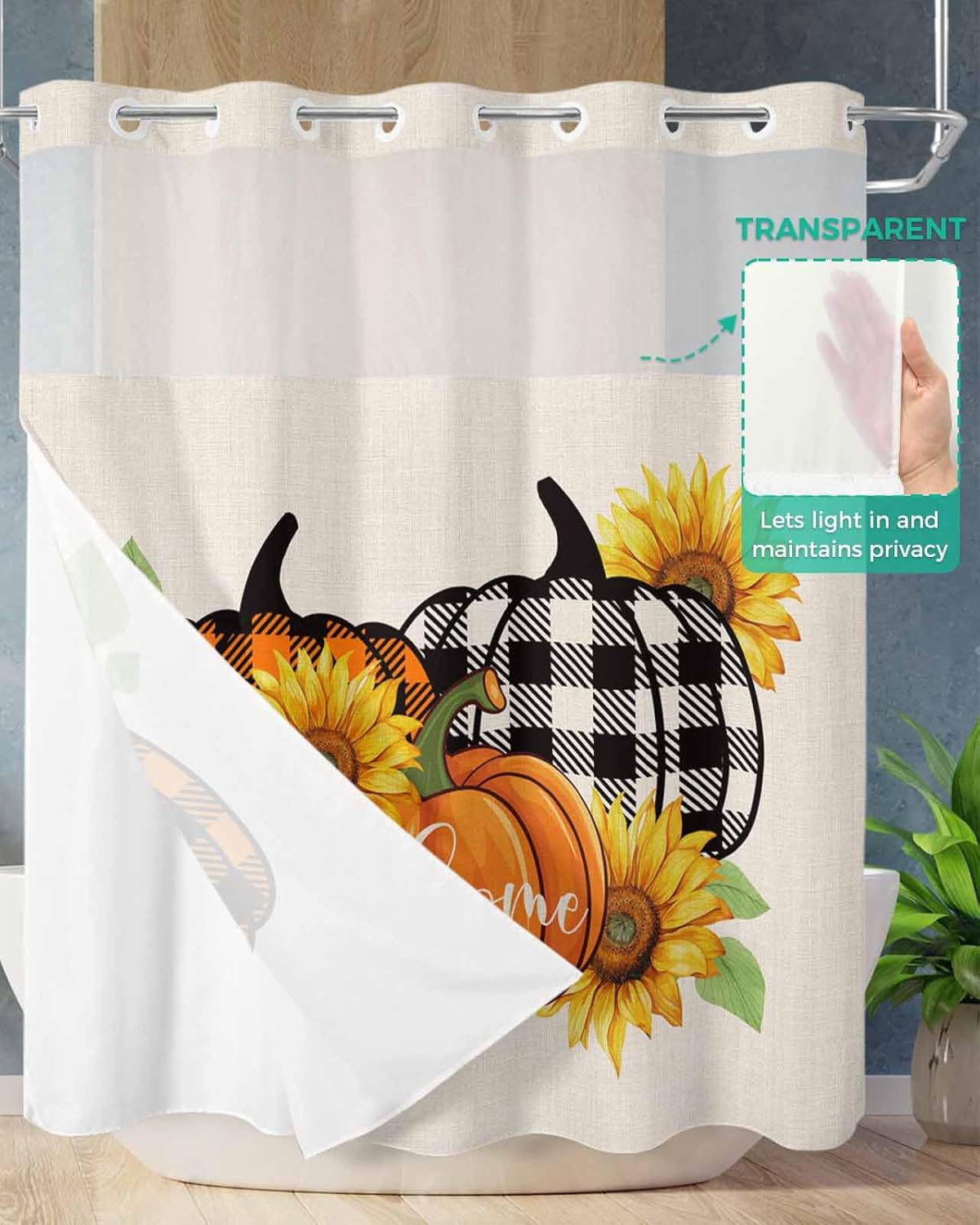 Fall Orange Pumpkin Shower Curtain Set No Hook Design Soft Durable