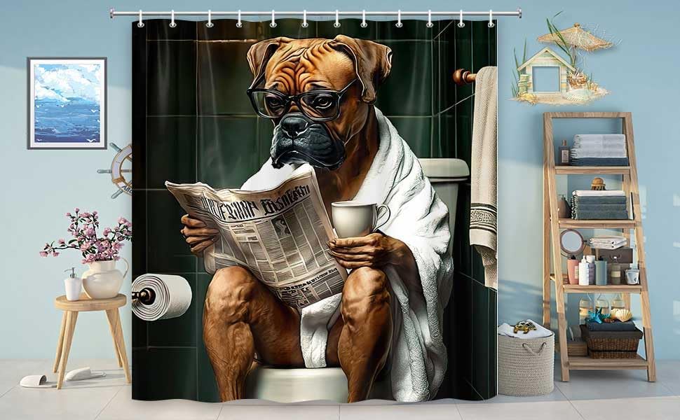 JAWO Funny Dog Bathroom Curtain Set 12 Hooks Washable 72x84 Poly