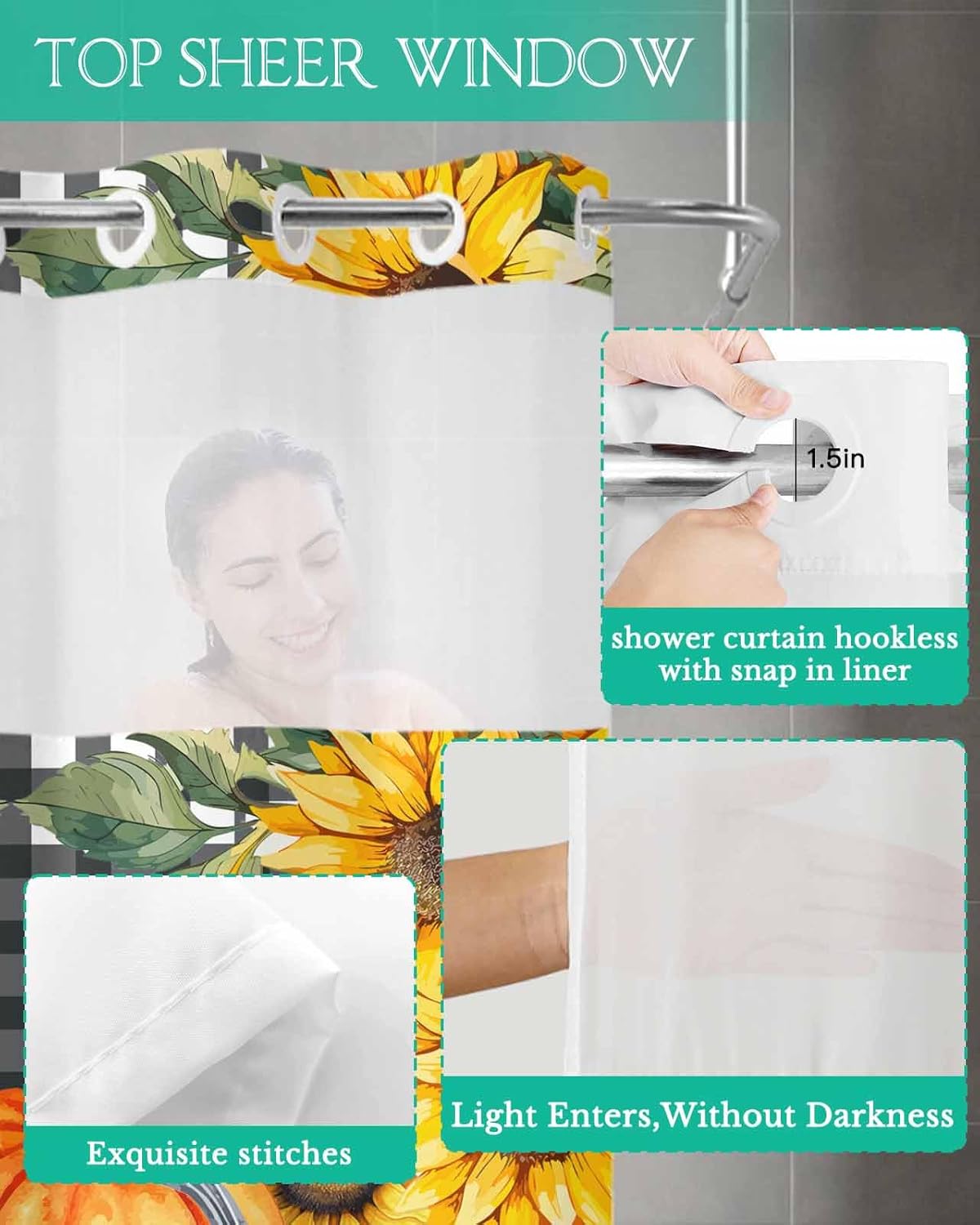 No Hook Cloth Fabric Shower Curtain with Snap-in Liner Set