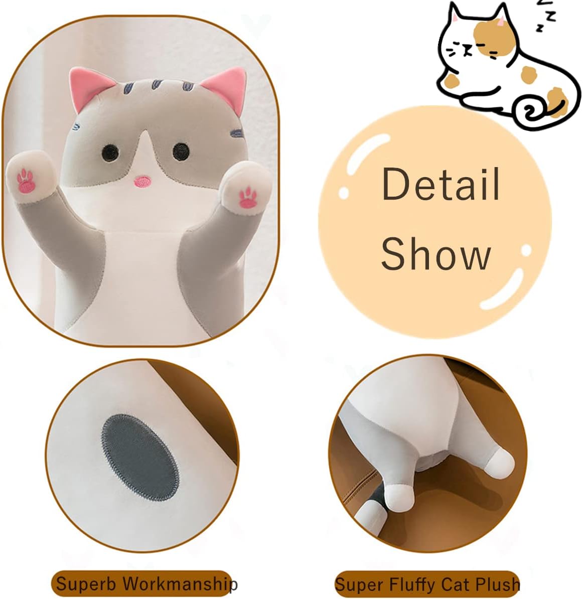 Long Gray Cat Plush Pillow for Sleep Cuddle and Relaxation