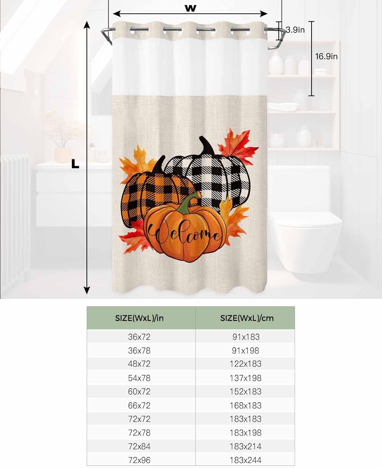 No Hook Fall Autumn Shower Curtains with Pumpkins and Maple Leaves