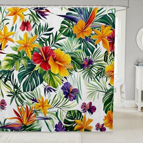 Tropical Flower Shower Curtain Set 72x84 Green Palm Leaves