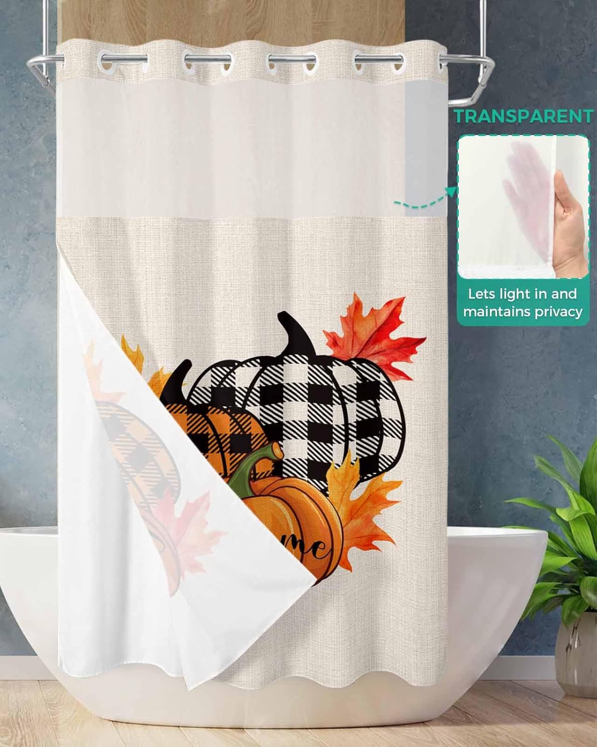 No Hook Fall Autumn Shower Curtains with Pumpkins and Maple Leaves