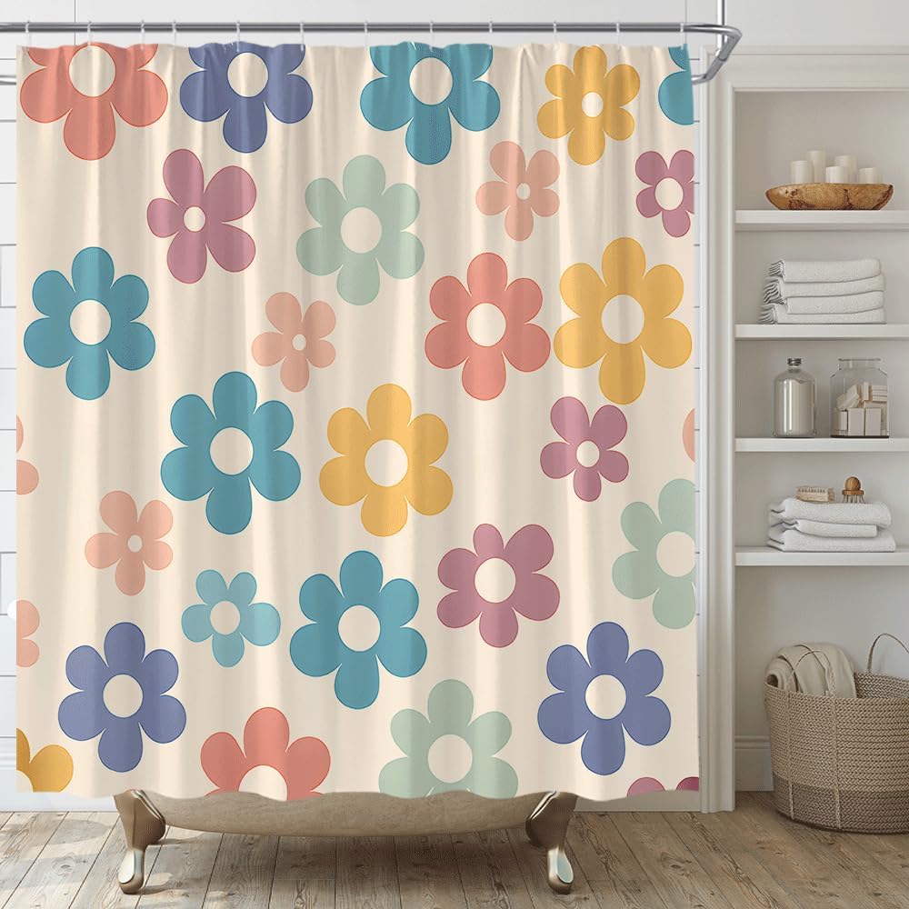 Retro Bathroom Shower Curtain Boho Pastel Floral Design