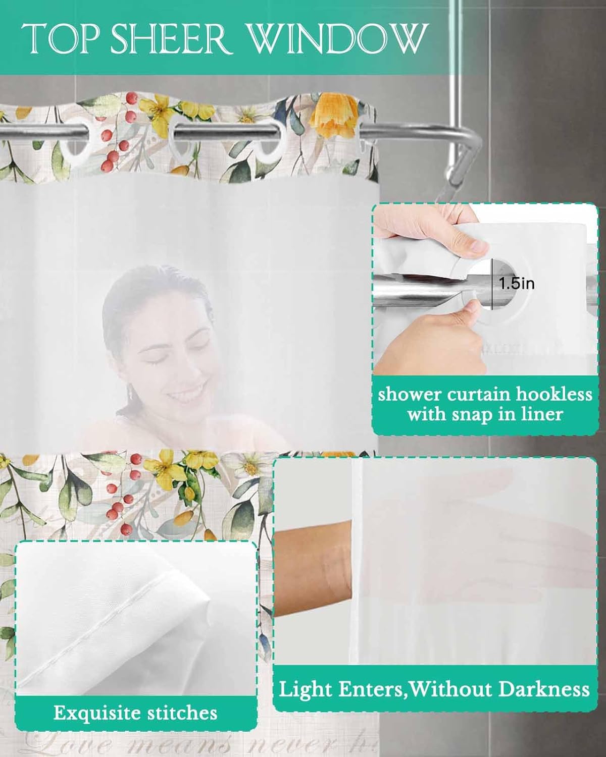 TocaHome No Hook Picks and Peaks See Through Window Waterproof Shower Curtain Set