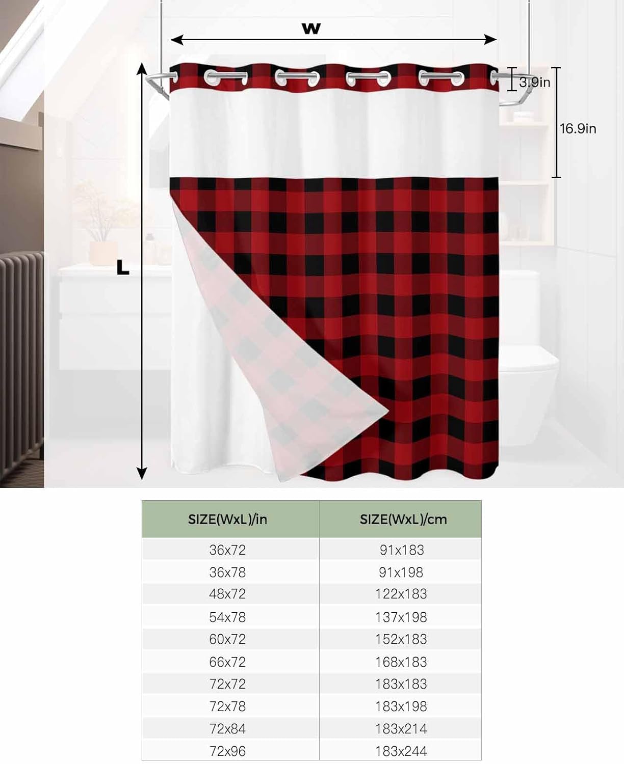 Luxurious Buffalo Plaid Bath Shower Curtain Waterproof 72x72 with Window Transparency