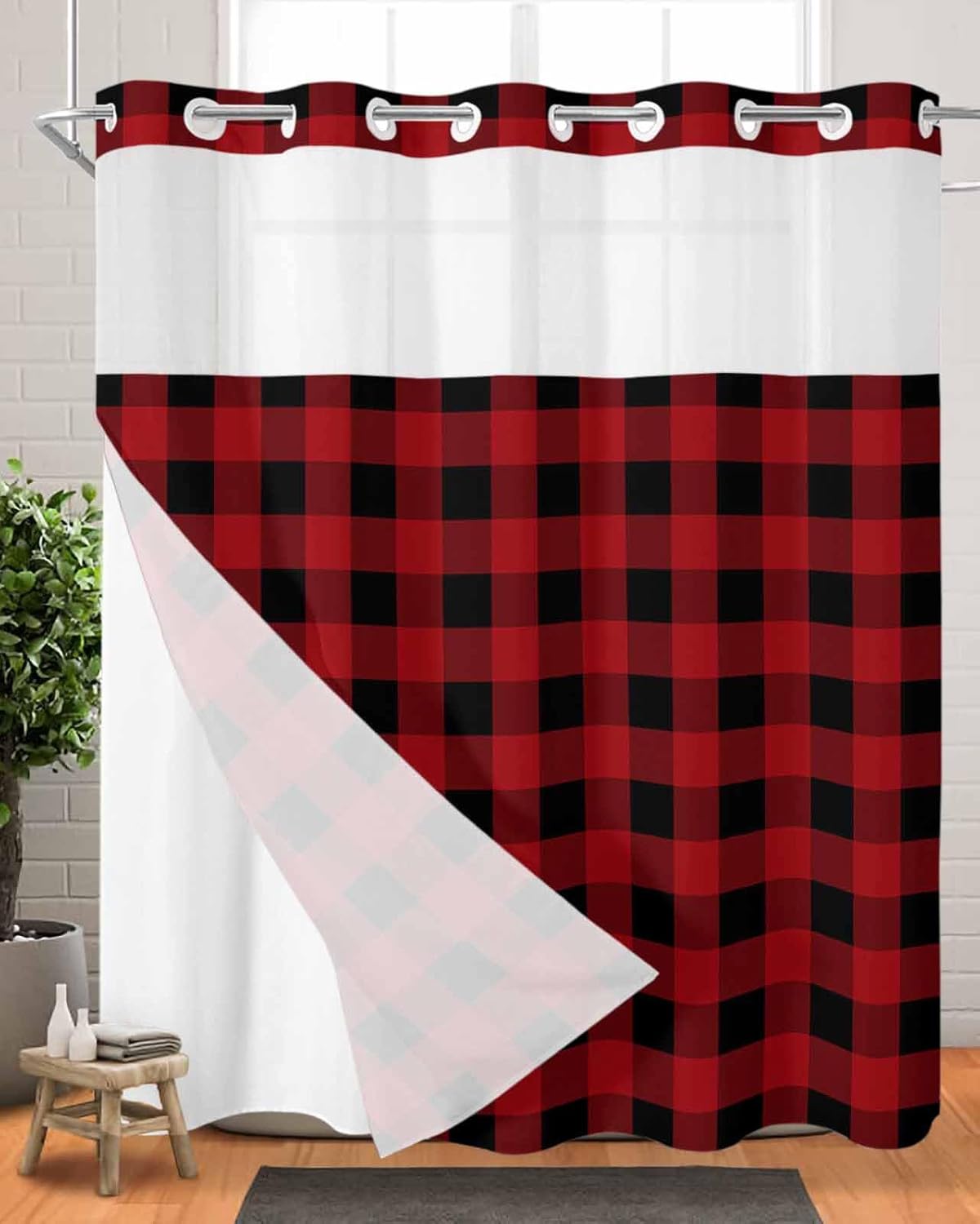 Luxurious Buffalo Plaid Bath Shower Curtain Waterproof 72x72 with Window Transparency