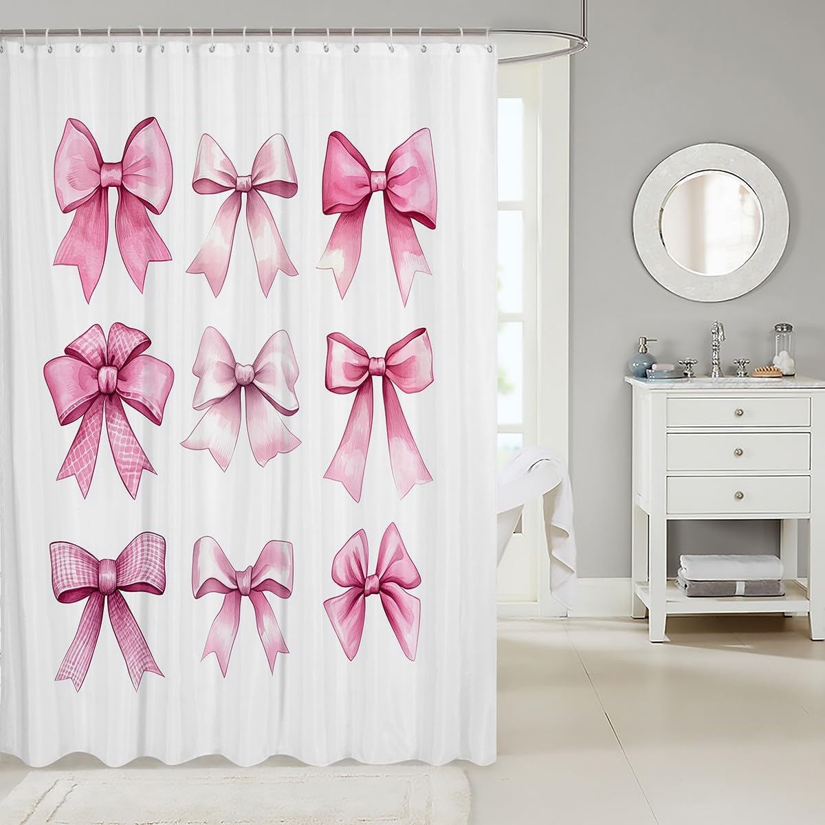Fun Pink Bowknot Bathroom Shower Curtain Set for Kids