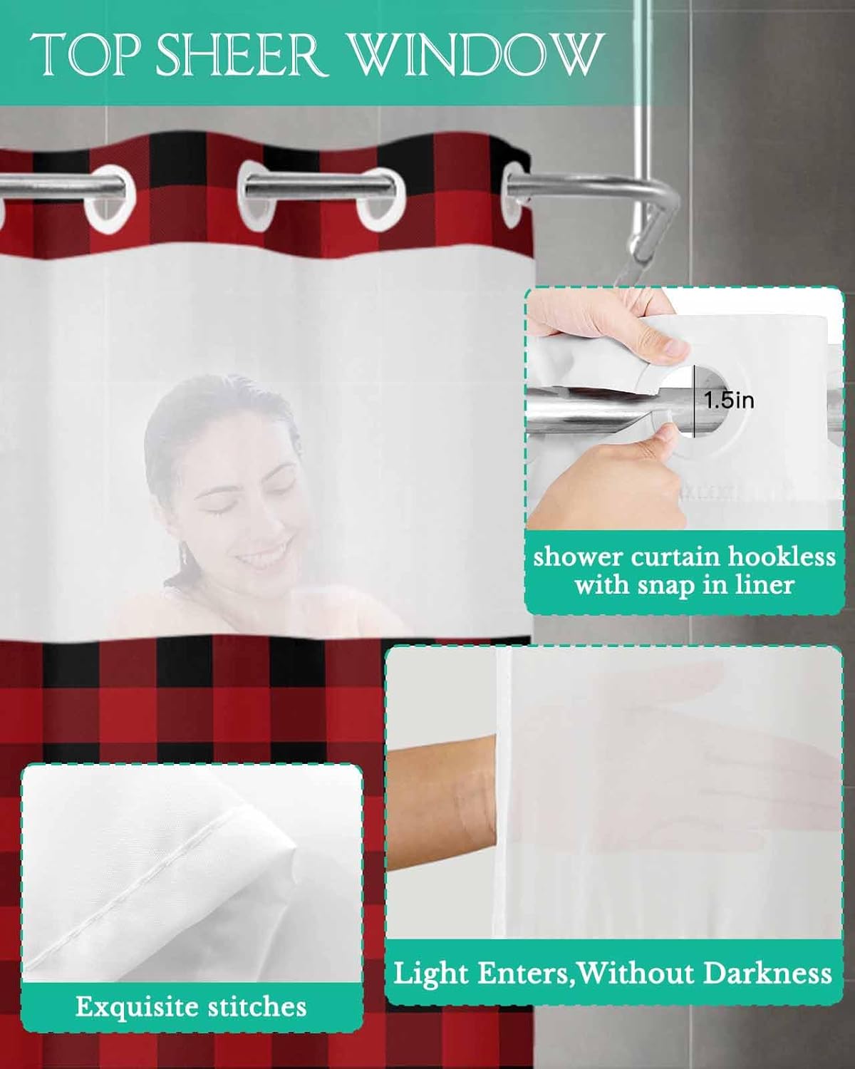 Luxurious Buffalo Plaid Bath Shower Curtain Waterproof 72x72 with Window Transparency