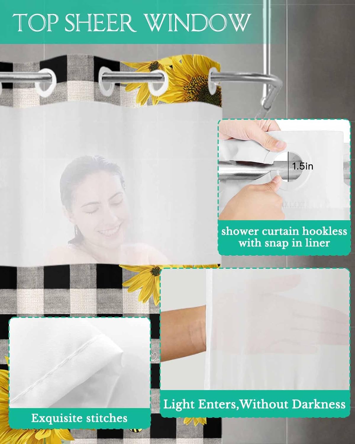 TocaHome No Hook Cloth Fabric Shower Curtain with Snap in Liner