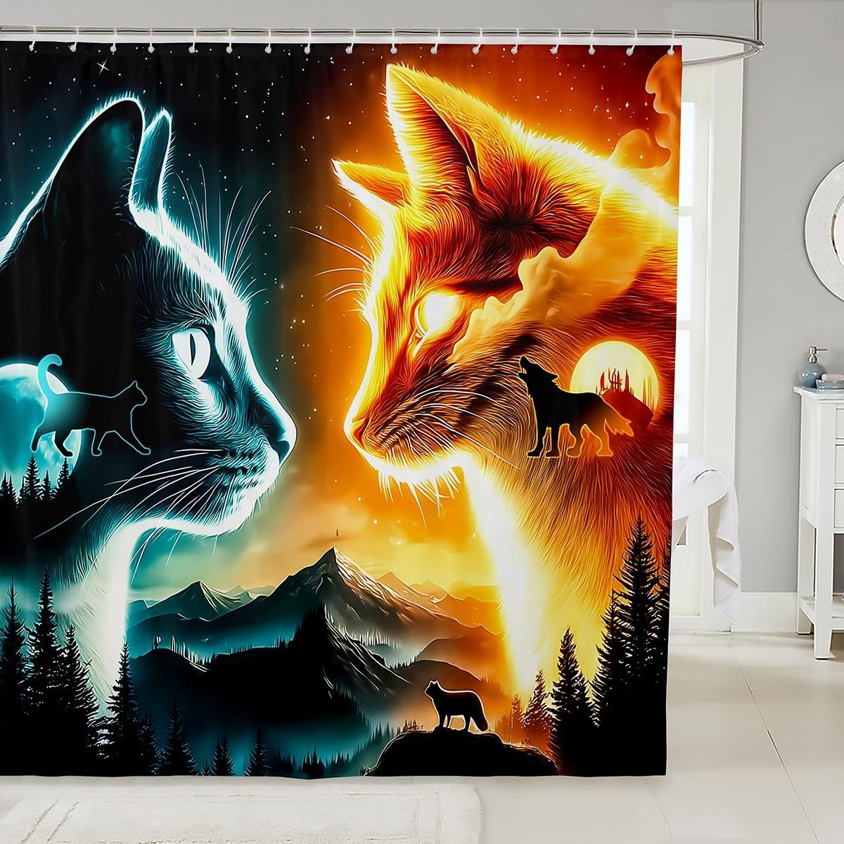 Castle Fairy Wolf Cat 3D Animal Bathroom Shower Curtain Set