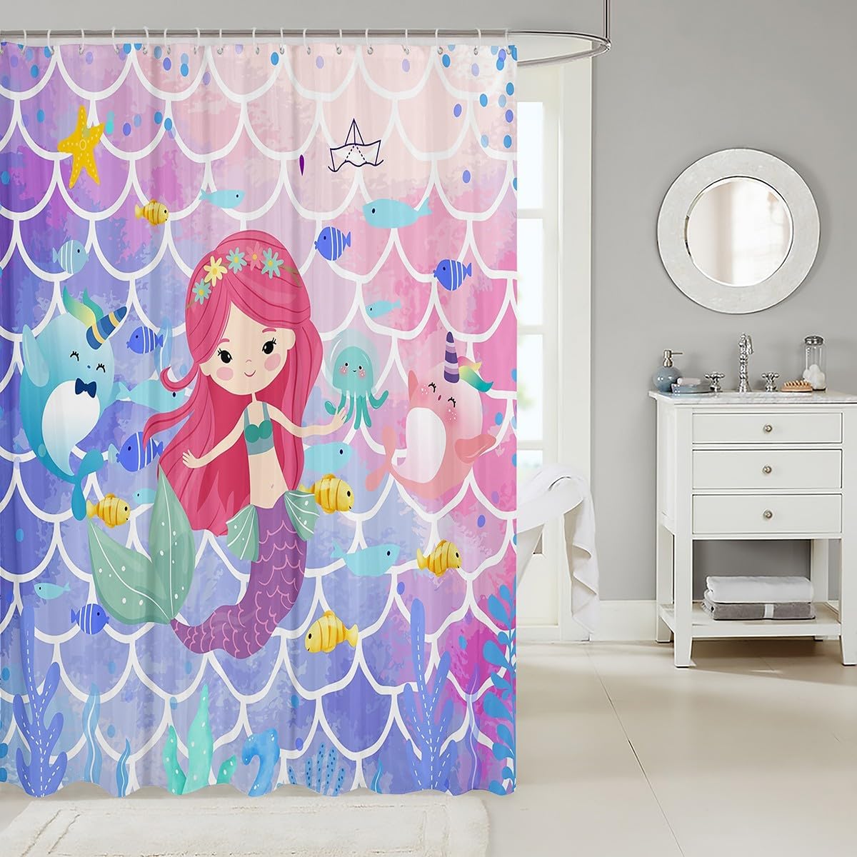 Castle Fairy Mermaid Shower Curtain Set with 12 Hooks