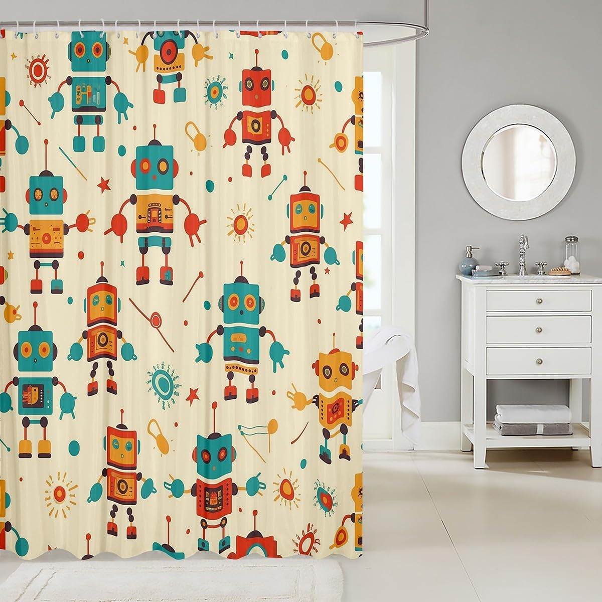 Cute Robot Bath Curtain for Kids Yellow Machine Washable Bathroom Accessory