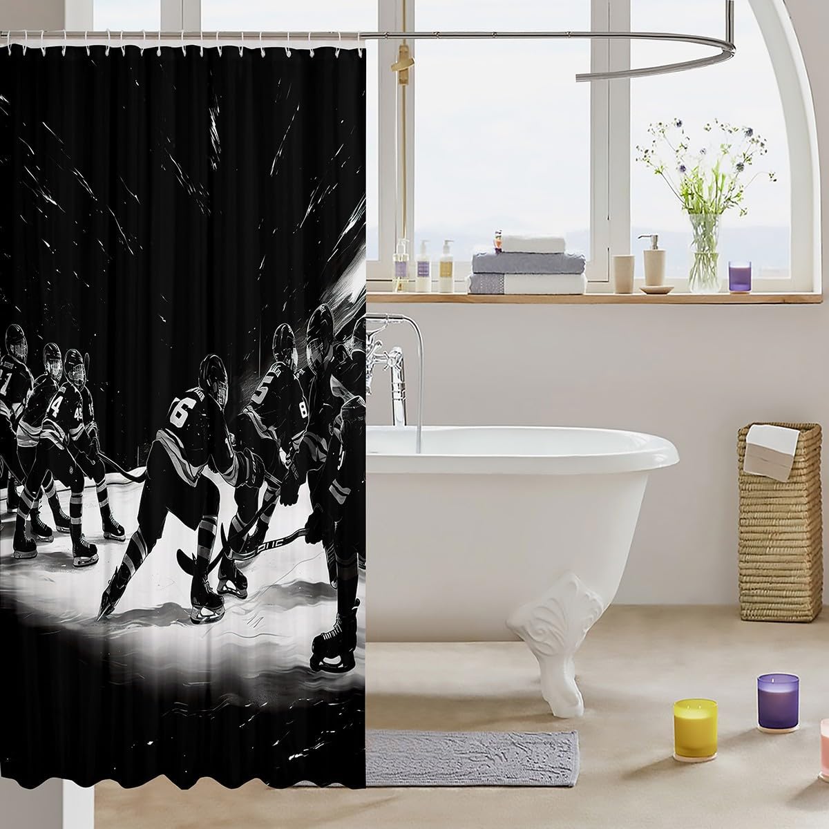 Seamless Durable Ice Hockey Shower Curtain Black White