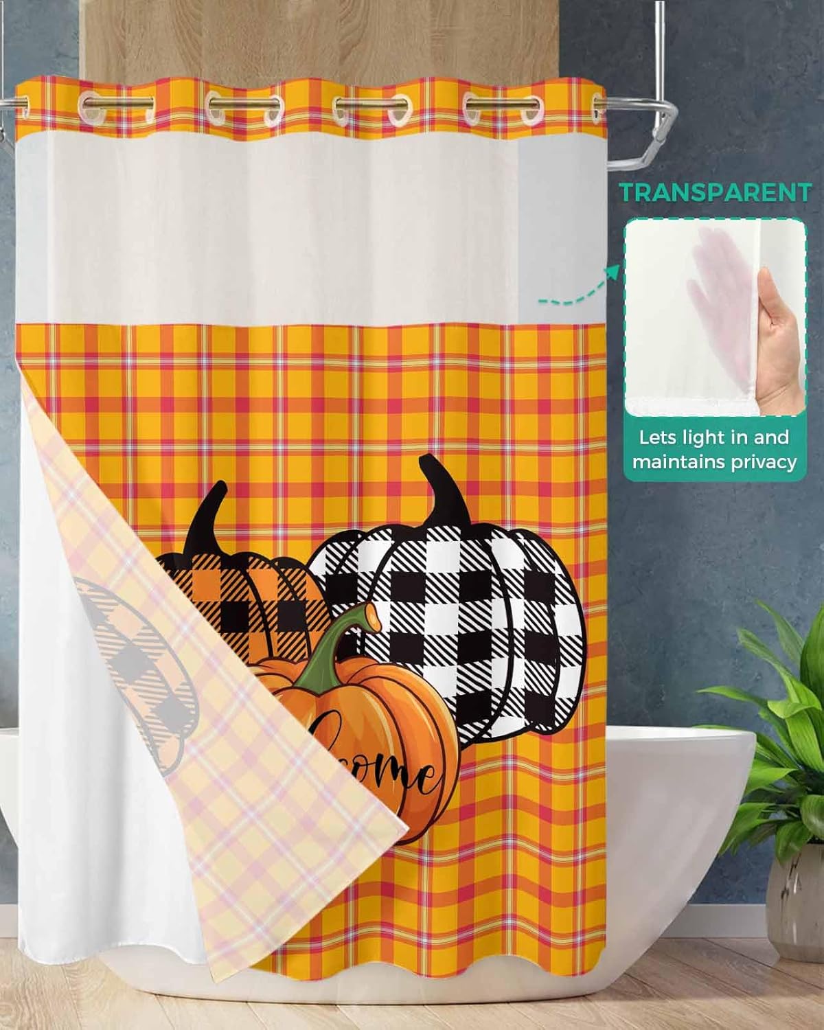 fall pumpkin no hook bath shower curtain set - soft 48x72 botanical design