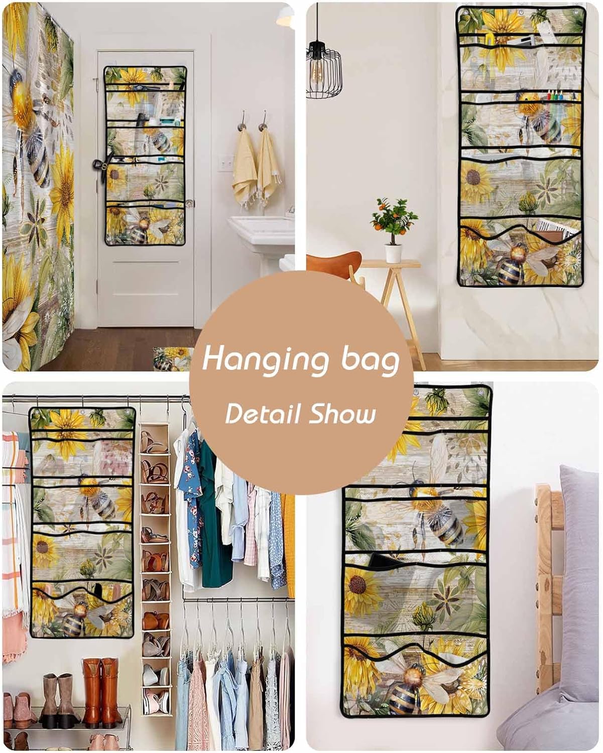 Bee Floral shower curtain set with caddy waterproof 60x72-inch farmhouse design