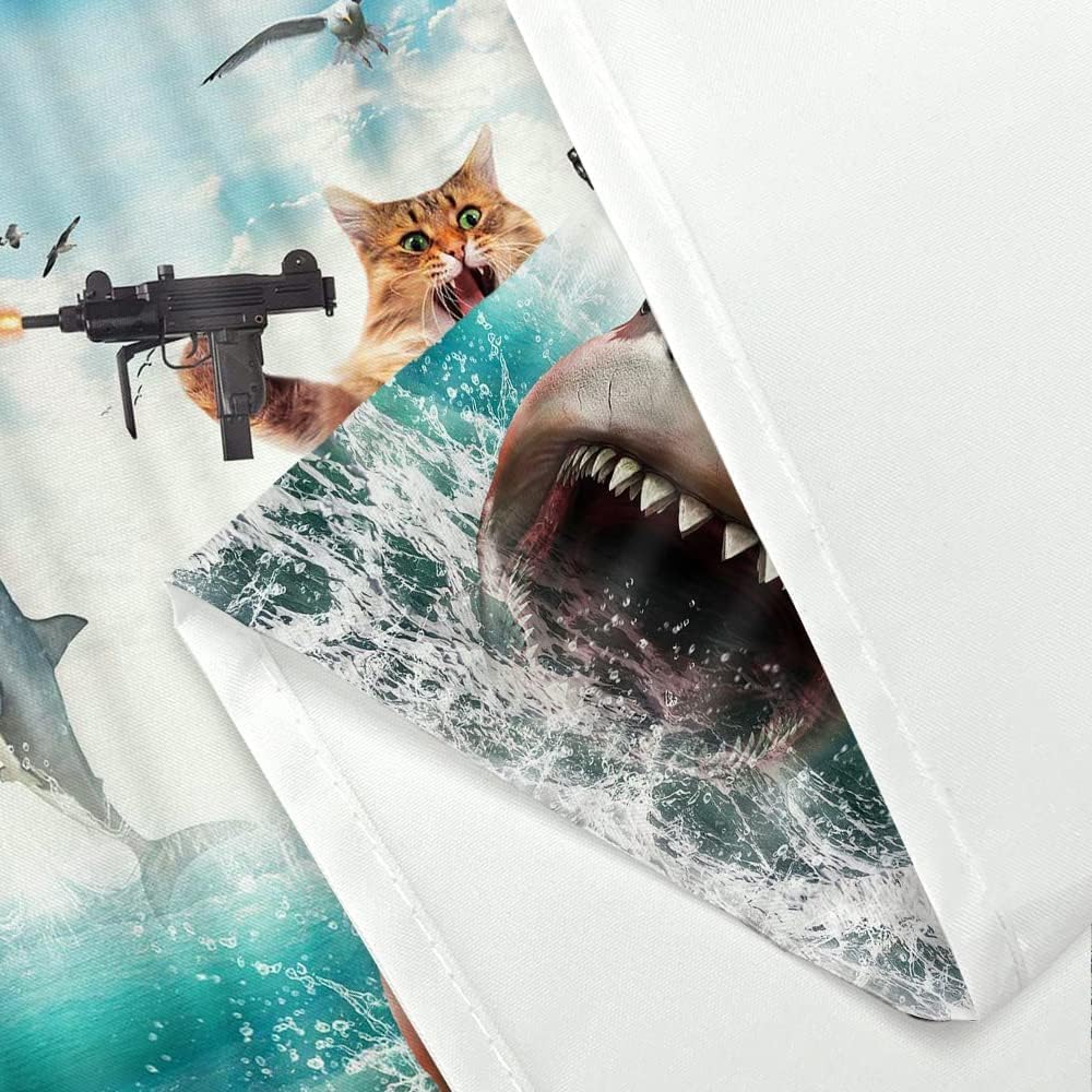 Funny Cat Riding Shark Shower Curtain Set for Boys