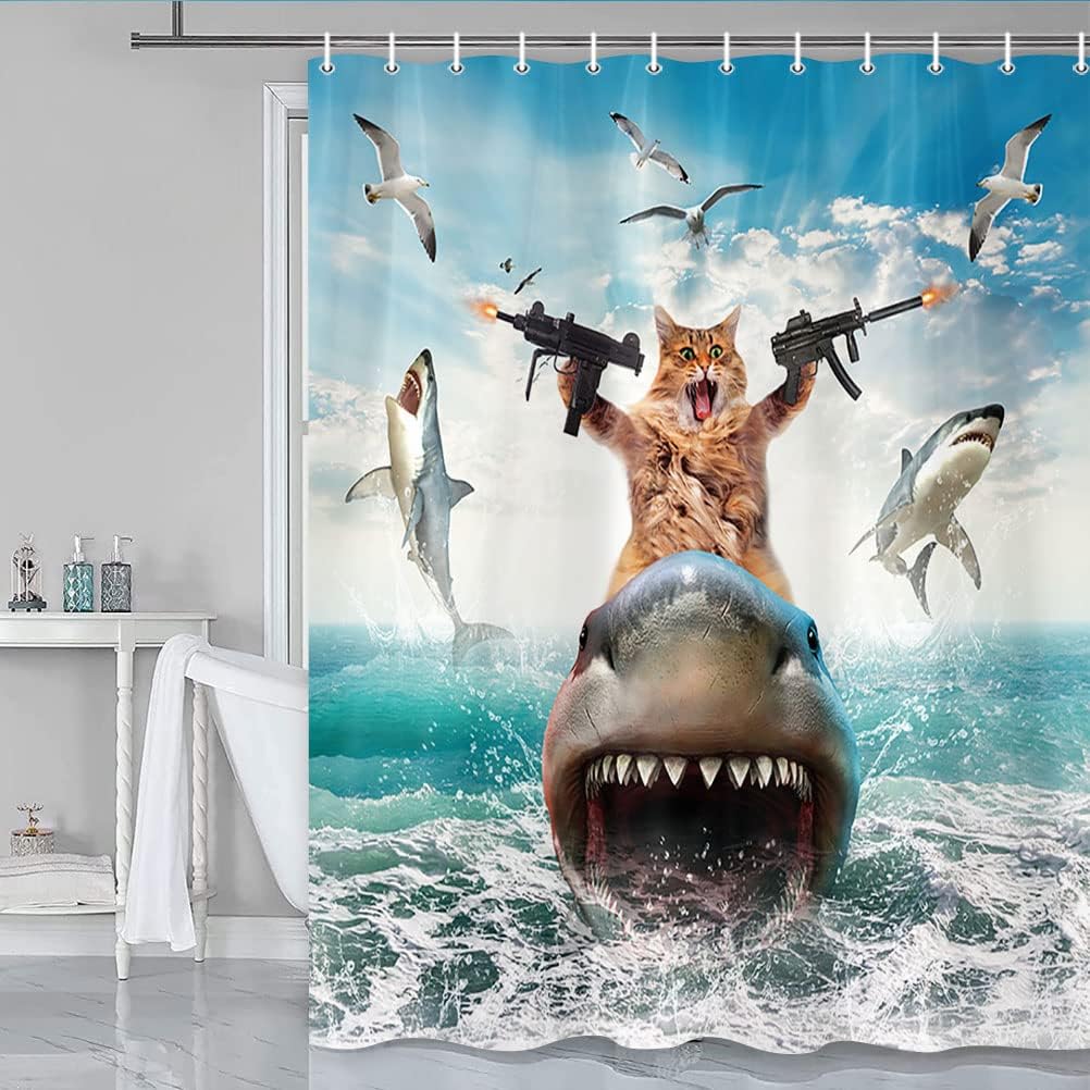 Funny Cat Riding Shark Shower Curtain Set for Boys