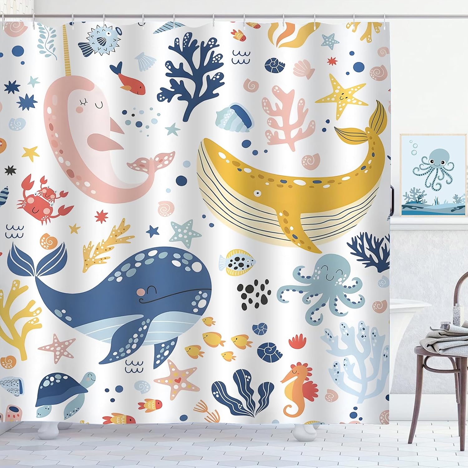 ZCHOMI Fun Kids Whale Bath curtain with Ocean Friends