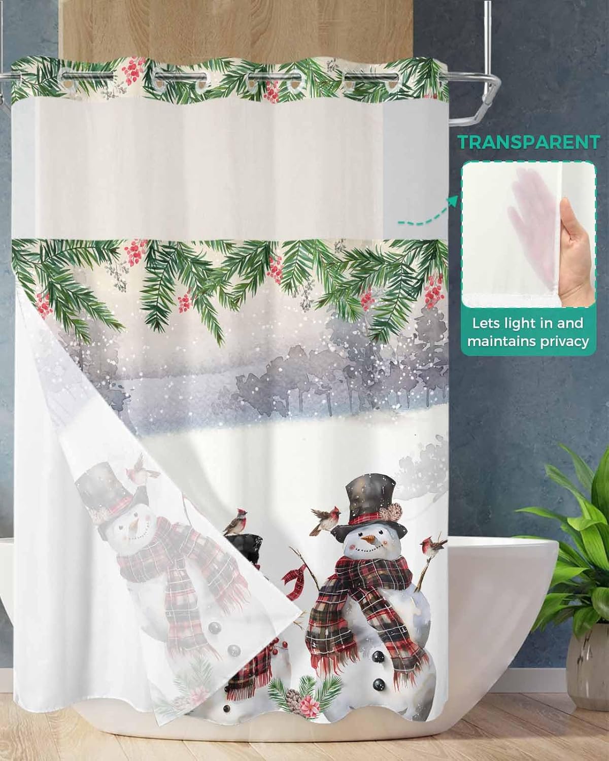 Winter Xmas Berry Birds Snowman Bath Curtain Set